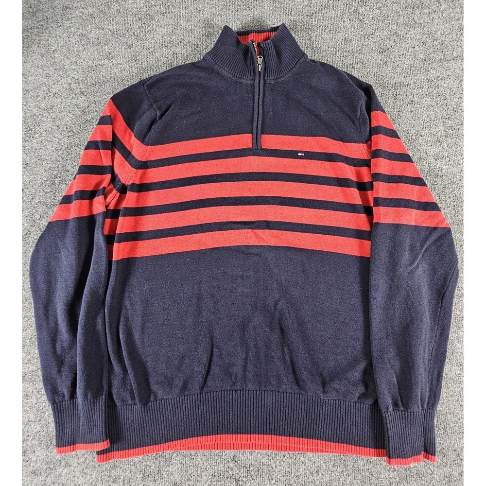 Tommy Hilfiger Sweater Mens XL Navy Red Striped Half Zip Pullover Cotton Classic
